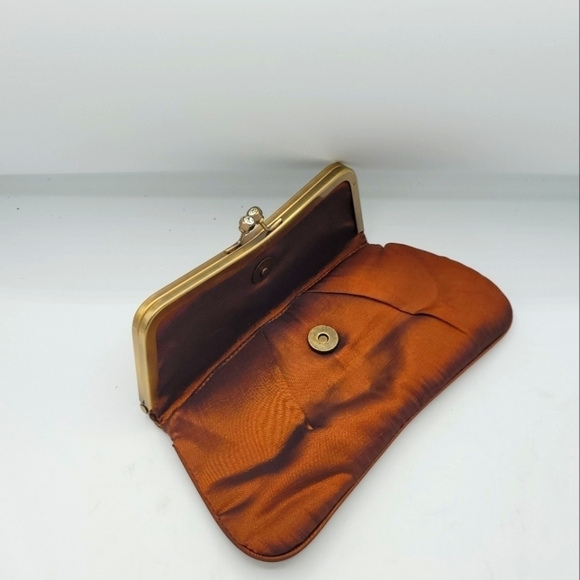 Vintage Burnt Copper Satin Fold-Over Clutch | Rhinestone Flower Details